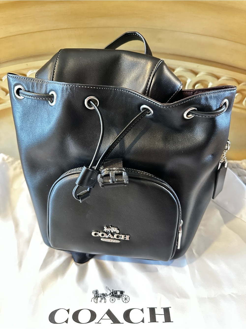 Coach Black Leather Drawstring Backpack with Front Pocket